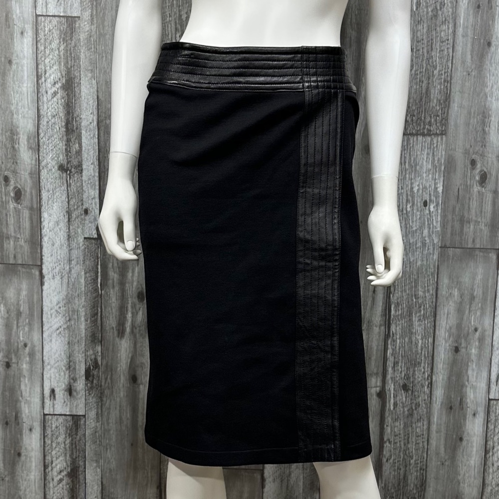 Max Mara Black Wool Pencil Skirt with Leather Trim [1807]